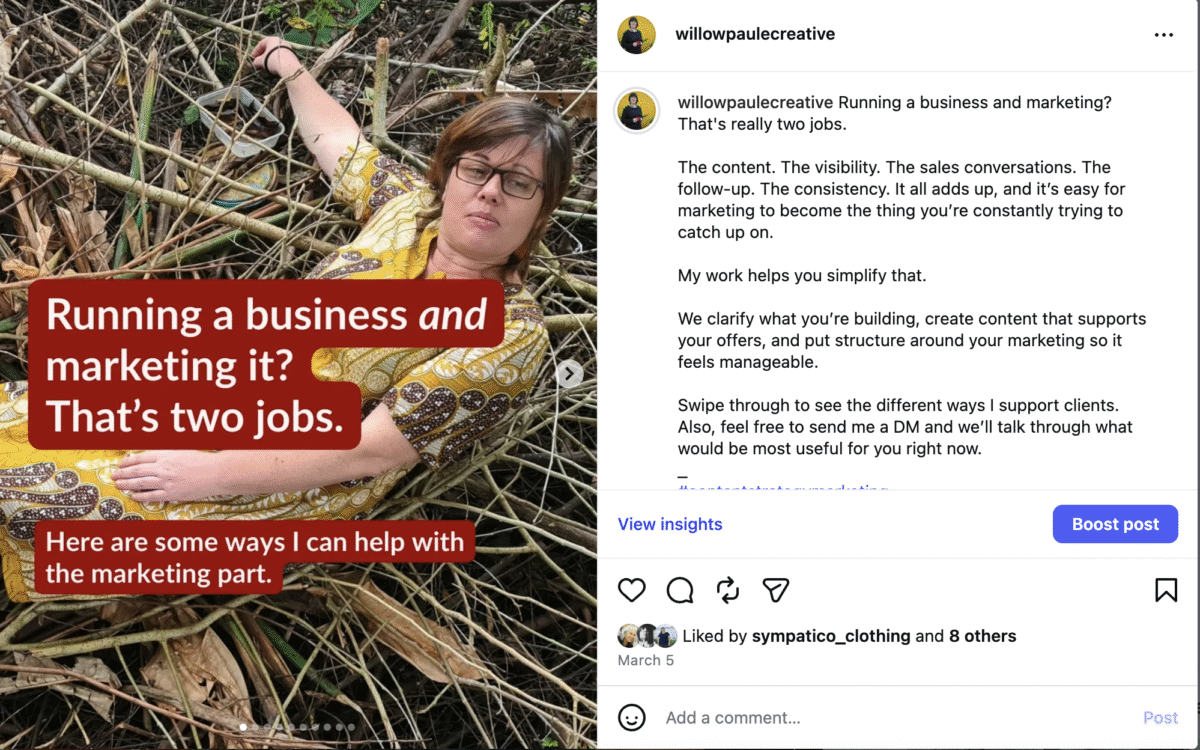 Repurpose your blog content into carousel posts for Instagram; in this one I use content from a longer blog post to create a streamlined carousel about my offerings.