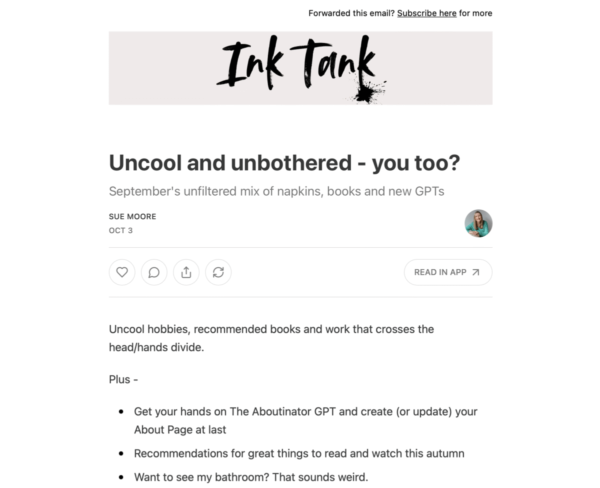 A screenshot of how my friend Sue Moore's Substack looks in my inbox; if you follow the link you can see how it looks on Substack itself; this is a viable platform for increased visibility when repurposing from your blogs