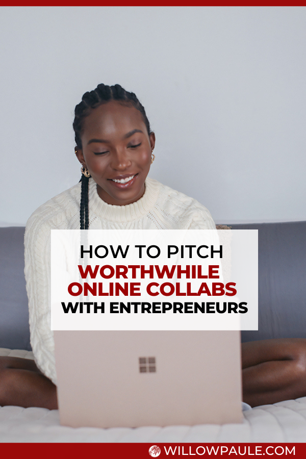 In this blog post, you'll learn how to find and pitch collabs with other entrepreneurs (like this woman is doing on her laptop) that move you forward in your business.