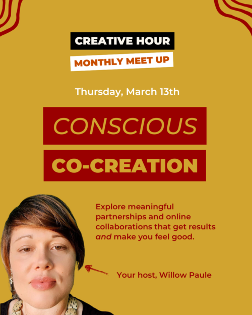 Willow Paule, the host of Creative Hour is in the bottom left corner of the image and the event details are in the middle in red and yellow.