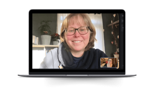 Traci on a Marketing mentorship virtual call with Willow in the bottom corner